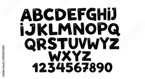 textured alphabet and numbers set a playful hand-drawn grunge typeface for creative design and kids education materials