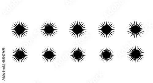 ten black spiky star shapes arranged in two rows on a white background ideal for abstract design modern iconography or sharp graphic elements.