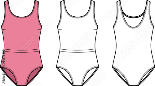 Women's Basic One-Piece Swimsuit Technical Sketch, Pink Leotard Fashion Flat Vector Illustration Set