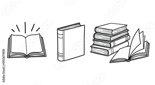 various black and white doodle illustrations of books stacks of books and open books symbolizing education knowledge and study