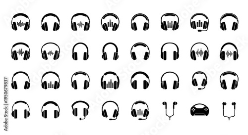various black silhouette icons of headphones and earphones featuring sound waves and equalizers for music and audio concepts.