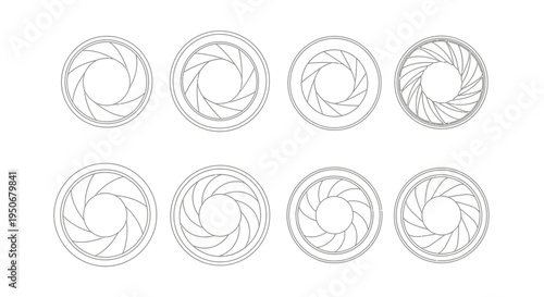 various camera aperture designs and lens iris mechanisms illustrated in a clean line art style perfect for photography and optical technology concepts