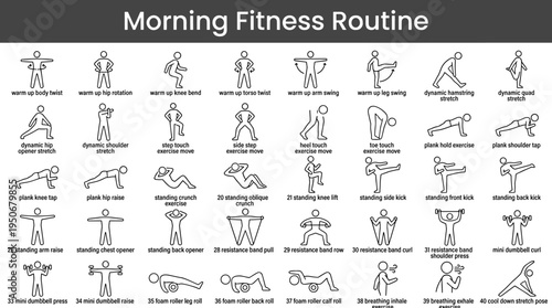 Early day fitness routine movements and light physical training activities illustrated as minimal outline icons representing