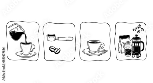 various coffee preparation brewing and serving methods with essential items for a daily morning ritual illustration.