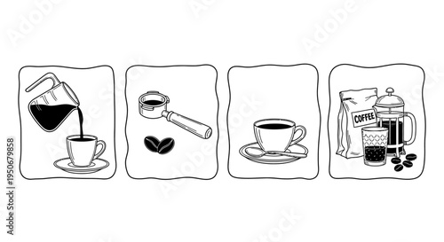 various coffee preparation stages and fresh ingredients icons showcasing beans brewing tools and perfectly served hot cups.