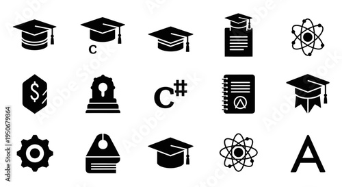 various flat design icons representing academia coding science and learning ideal for educational resources and digital content.