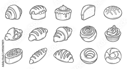 various fresh hand-drawn bakery items like croissants bread and sweet pastries ideal for cafe menus and food packaging.