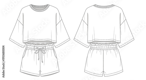 womens loungewear set technical fashion flat sketch featuring a cropped t-shirt and drawstring shorts perfect for style guides.