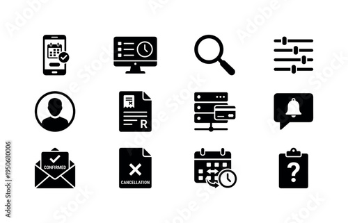 Online reservation smartphone screen, reservation desktop monitor icon, availability search magnifier, filter reservation options