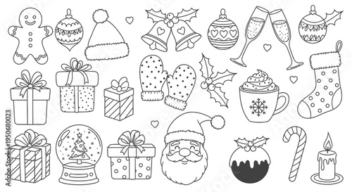 a comprehensive set of christmas and winter holiday elements line art perfect for coloring books crafts or festive seasonal design.