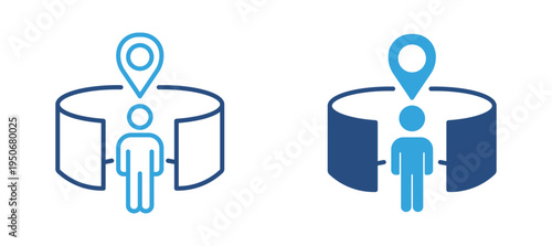 User location tracking icon set. Person with location pin inside circular boundary, GPS tracking, navigation and location monitoring concept. Vector illustration.