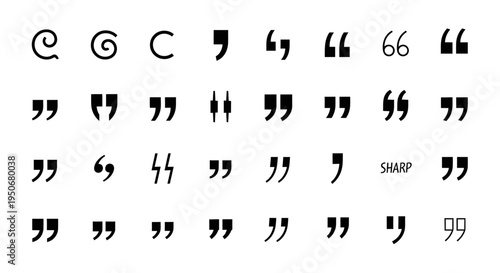 a diverse collection of black quotation marks commas and typographic symbols isolated on white ideal for graphic design.