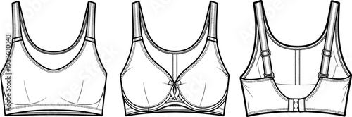 Women's Bra Technical Sketch Flat Illustration, Lingerie and Sports Bra Vector Design Template