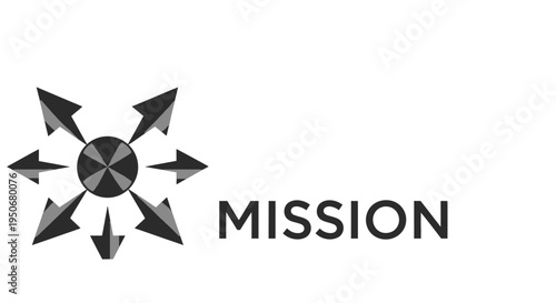 a multi-directional mission graphic with six arrows expanding from a central point symbolizing strategic goals and business direction on white.