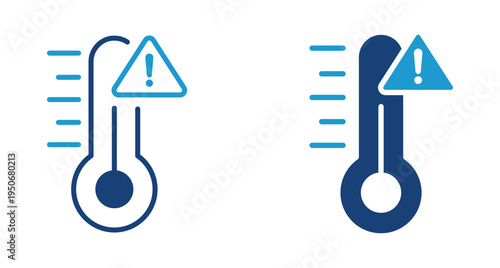 Temperature warning icon set. Thermometer with alert symbol indicating high temperature, overheating or climate warning concept. Vector illustration.