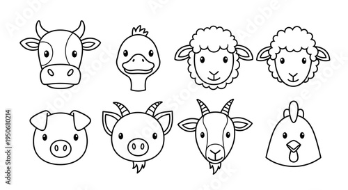 cute cartoon farm animal faces collection featuring cow duck sheep pig goat and chicken simple line art on white for kids education.