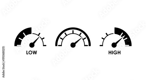 conceptual illustration of three performance gauges indicating low medium and high levels for data visualization and metrics