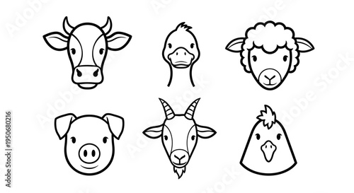 cute farm animal faces with cow duck sheep pig goat chicken in simple black and white line art.