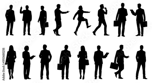 diverse business people silhouettes professional men and women in various corporate poses illustrating modern office dynamics and teamwork.