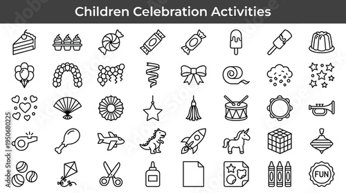 Playful event decorations and cheerful accessories illustrated as minimal outline icons representing joyful gatherings designed
