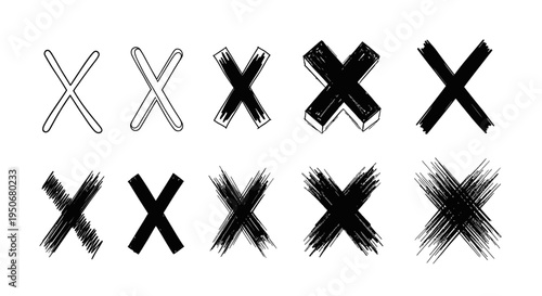 diverse collection of hand-drawn x marks and cross symbols with textured grunge and outline styles for graphic design use.