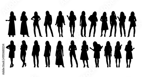 diverse collection of female silhouettes posing in various elegant and casual stances for graphic design projects and business concepts