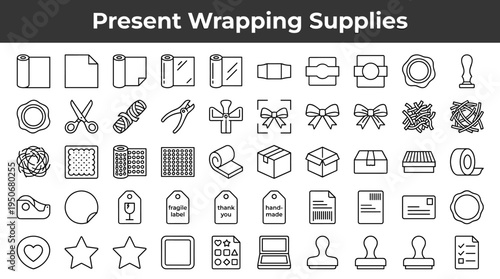 Present wrapping supplies and decorative packing materials illustrated as minimal outline icons representing preparation of gifts