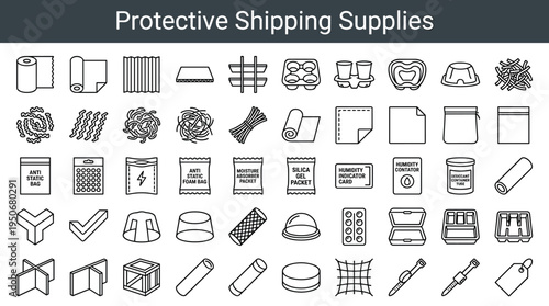 Protective shipping supplies and product wrapping equipment illustrated as minimal outline icons representing preparation of items