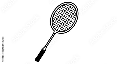 a black and white graphic illustration of a badminton racket perfect for sports equipment icons or game design