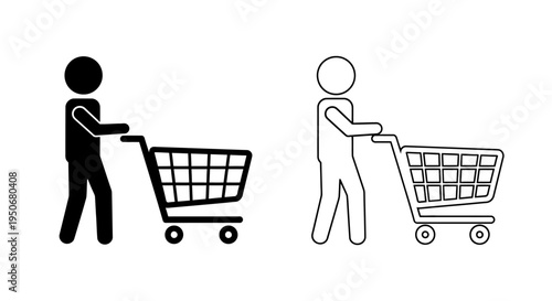 a black and white line art and solid silhouette of a person pushing a shopping cart depicting shopping and retail.