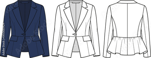 Women's Peplum Blazer Technical Sketch, Navy Blue Tailored Jacket Fashion Flat Vector Illustration