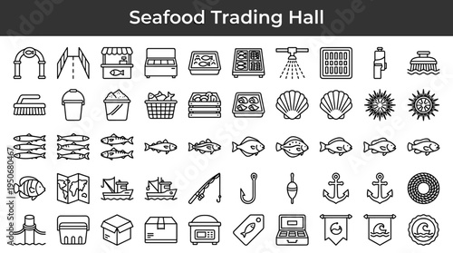 Seafood trading hall infrastructure and coastal vendor equipment illustrated as minimal outline icons representing marine catch