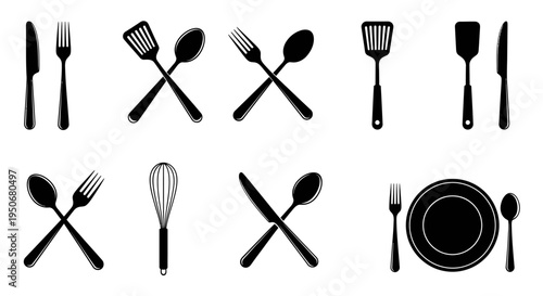 a collection of black silhouette kitchen utensils and dining cutlery icons on a white background ideal for food-related design.