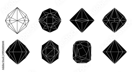 abstract vector illustration of various geometric shapes and faceted polyhedra showcasing crystal structures for modern design