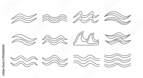 abstract water wave line art icons a versatile vector collection illustrating fluid motion and marine elements for design.
