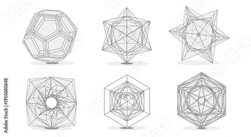 abstract wireframe geometric shapes and 3d polyhedra models illustrating complex mathematical and scientific concepts.