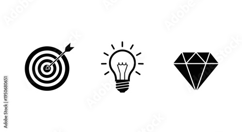 achieving business goals with new ideas represented by target lightbulb and diamond icons symbolizing success and value