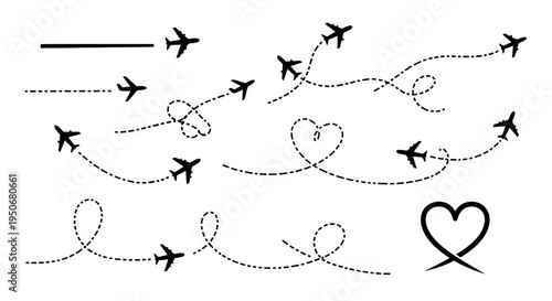 airplane flight paths with black silhouettes dotted line routes and heart shape illustration for travel journey and destination concepts