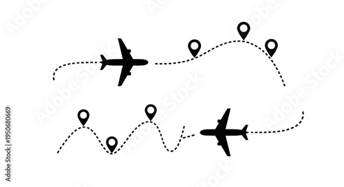 airplane flight paths with destination pins indicating global travel routes and logistics planning