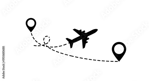 airplane flying a dotted line route between two map pins symbolizing travel journey or vacation planning