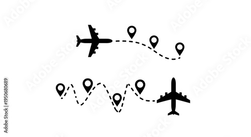 airplane flight paths with map pins illustrating global travel routes and destination points perfect for logistics and tourism.