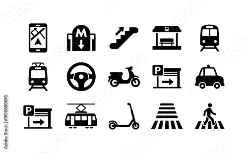 Smartphone navigation screen, metro entrance sign, escalator stairs, train station platform, commuter train front, tram streetcar,