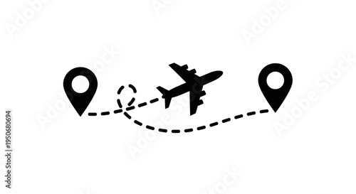 airplane icon flying a dashed flight path between two map pins illustrating global travel and journey destination