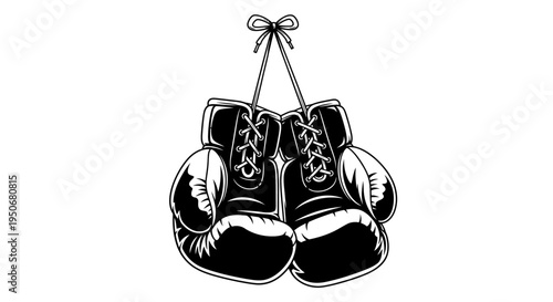 classic black and white boxing gloves hanging tied by laces depicting sport strength and fighting spirit for gym branding or sports events