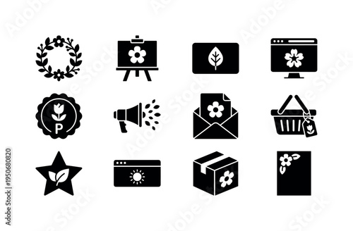 Spring wreath logo icon, announcement board with flower symbol, gift card with leaf icon, online store window with blossom symbol,