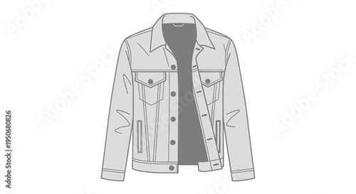 classic grey denim jacket flat sketch with an open front and visible chest pockets presented on white ideal for fashion design and apparel illustration.