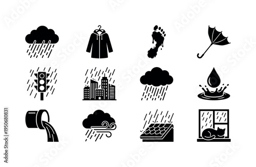 Storm cloud with strong rain icon, raincoat hanging to dry symbol, muddy footprint icon, umbrella turned inside out symbol,