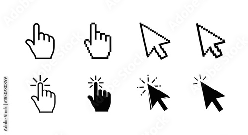 different mouse cursors hand pointers and click icons for digital user interface and web design concepts.