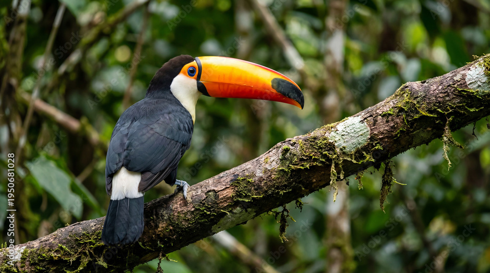 Obraz premium Toucan Bird Sitting on Mossy Branch in Lush Green Rainforest Canopy