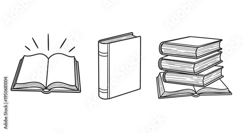 hand drawn book illustrations featuring an open book a single standing volume and a stack of knowledge perfect for education.